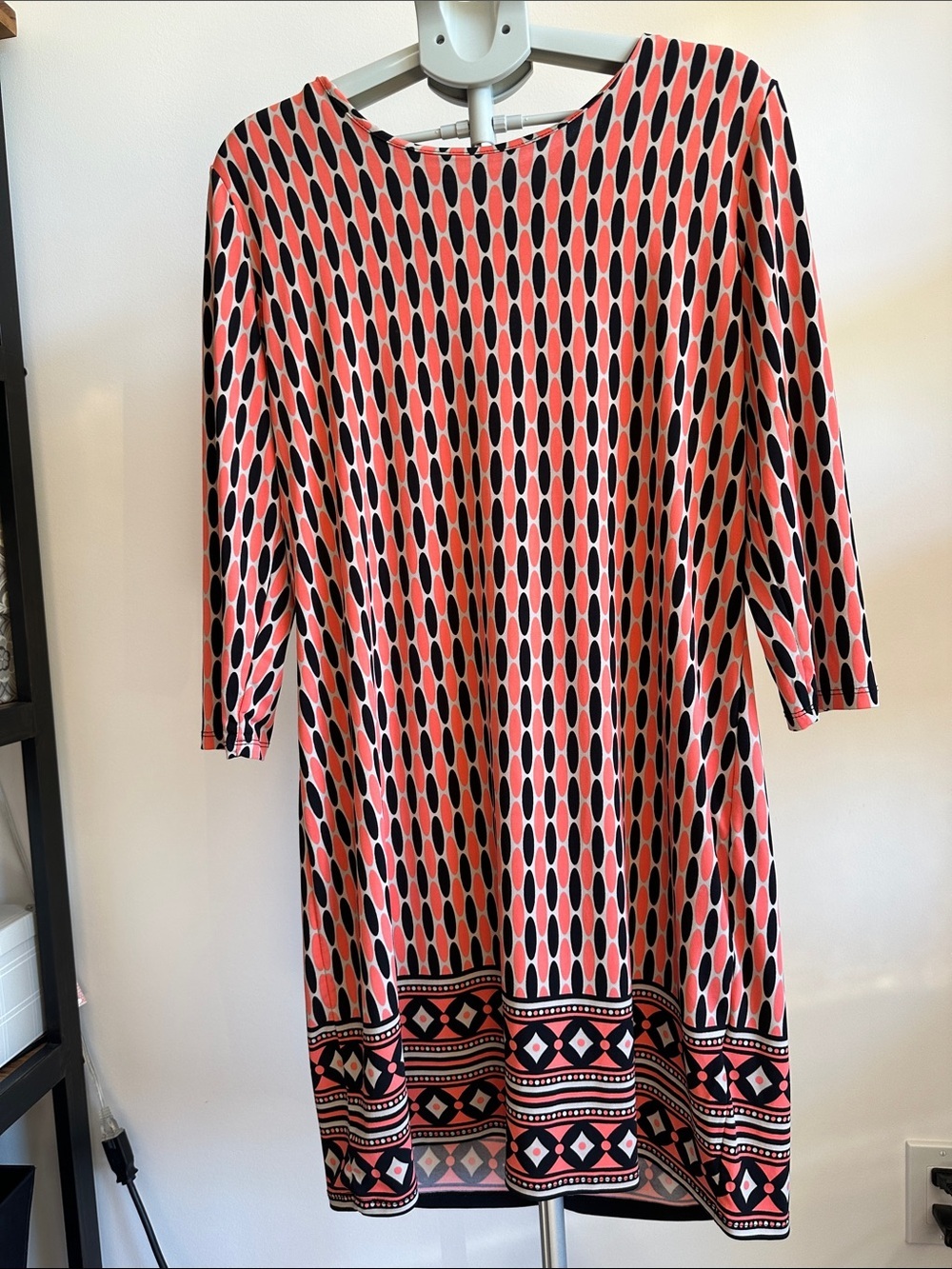 Coral and Black Patterned Women's Shift Dress